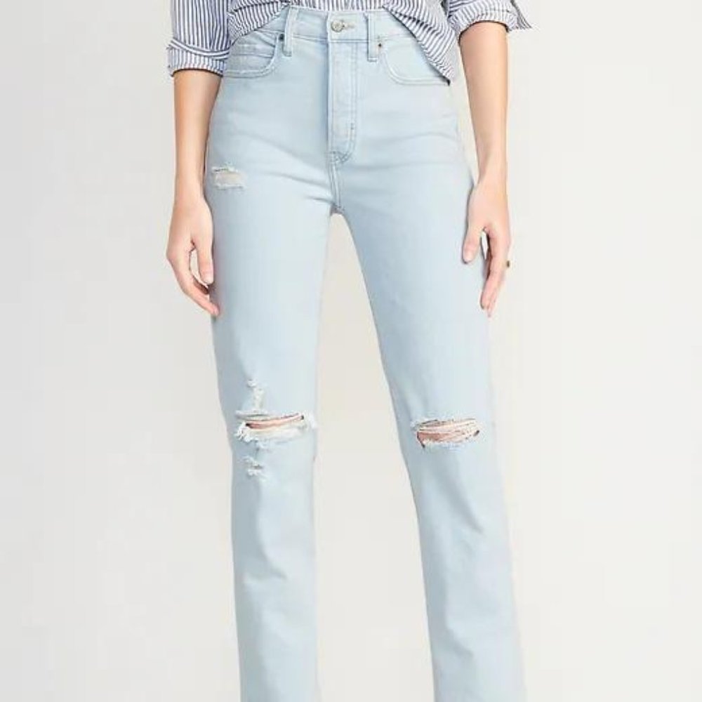 Old Navy Extra High-Waisted Button-Fly Sky-Hi Straight Ripped Jeans for Women - Picture 1 of 11